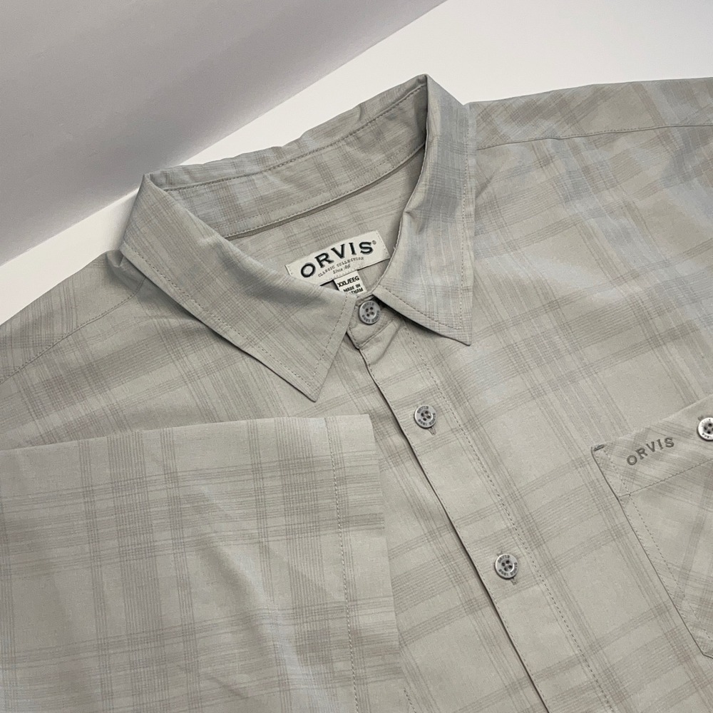 Orvis Men Shirt XXL Tan Plaid Short Sleeve Button Up Pockets Fishing Performance